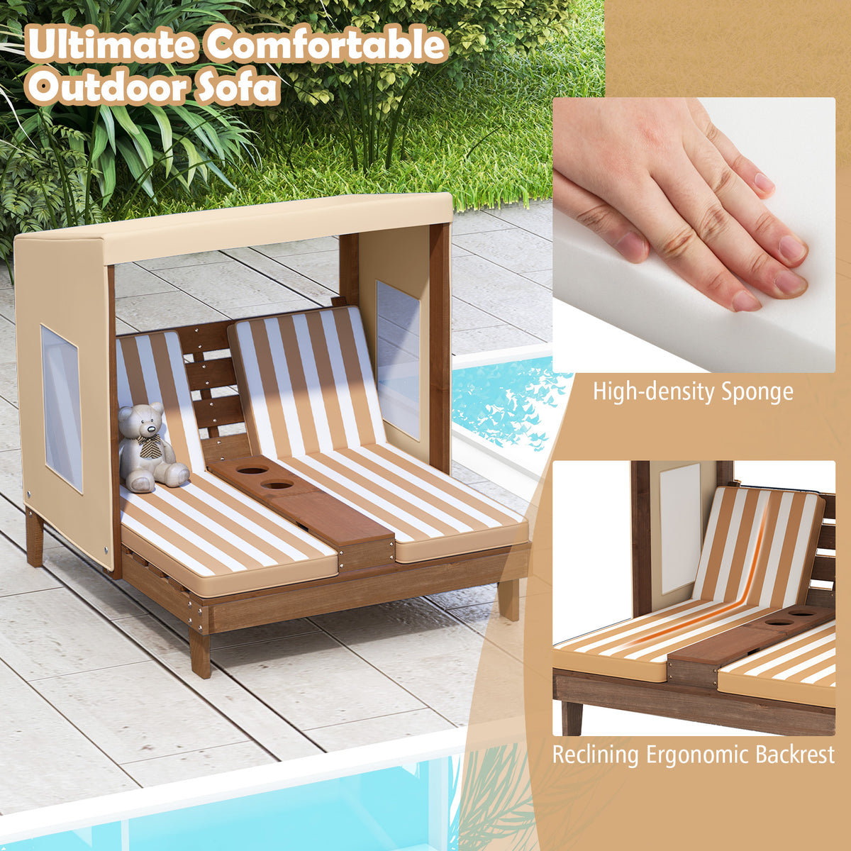 Kids Patio Lounge Chair with Cup Holders & Awning - Brown - For Ages 3-8