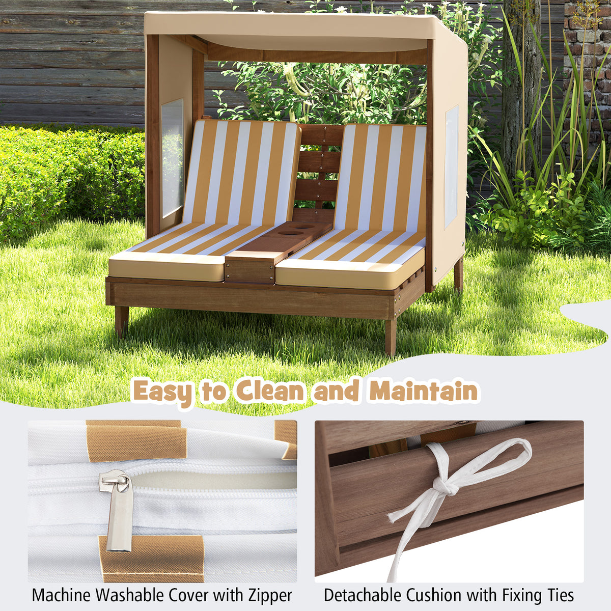Kids Patio Lounge Chair with Cup Holders & Awning - Brown - For Ages 3-8