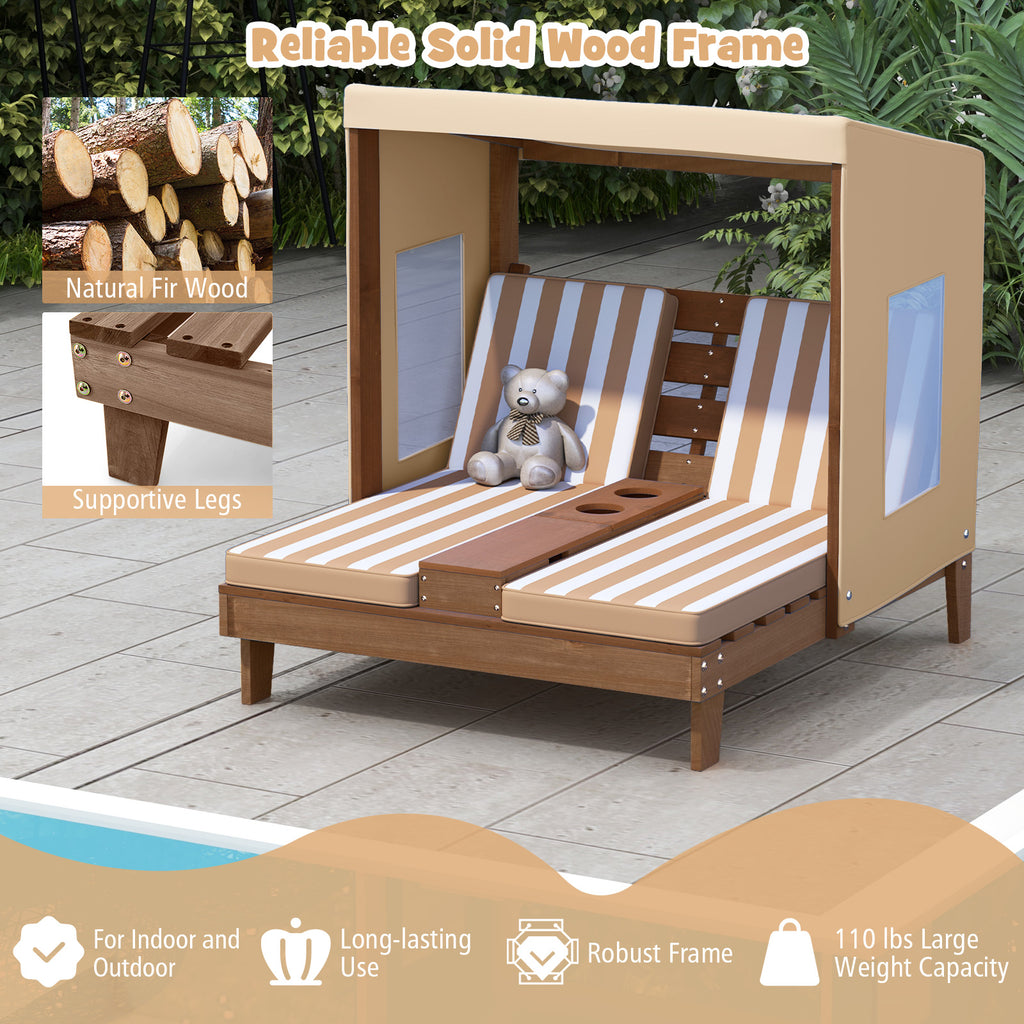 Kids Patio Lounge Chair with Cup Holders & Awning - Brown - For Ages 3-8
