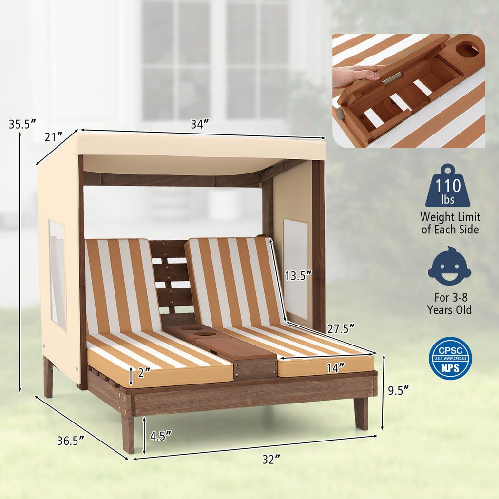 Kids Patio Lounge Chair with Cup Holders & Awning - Brown - For Ages 3-8