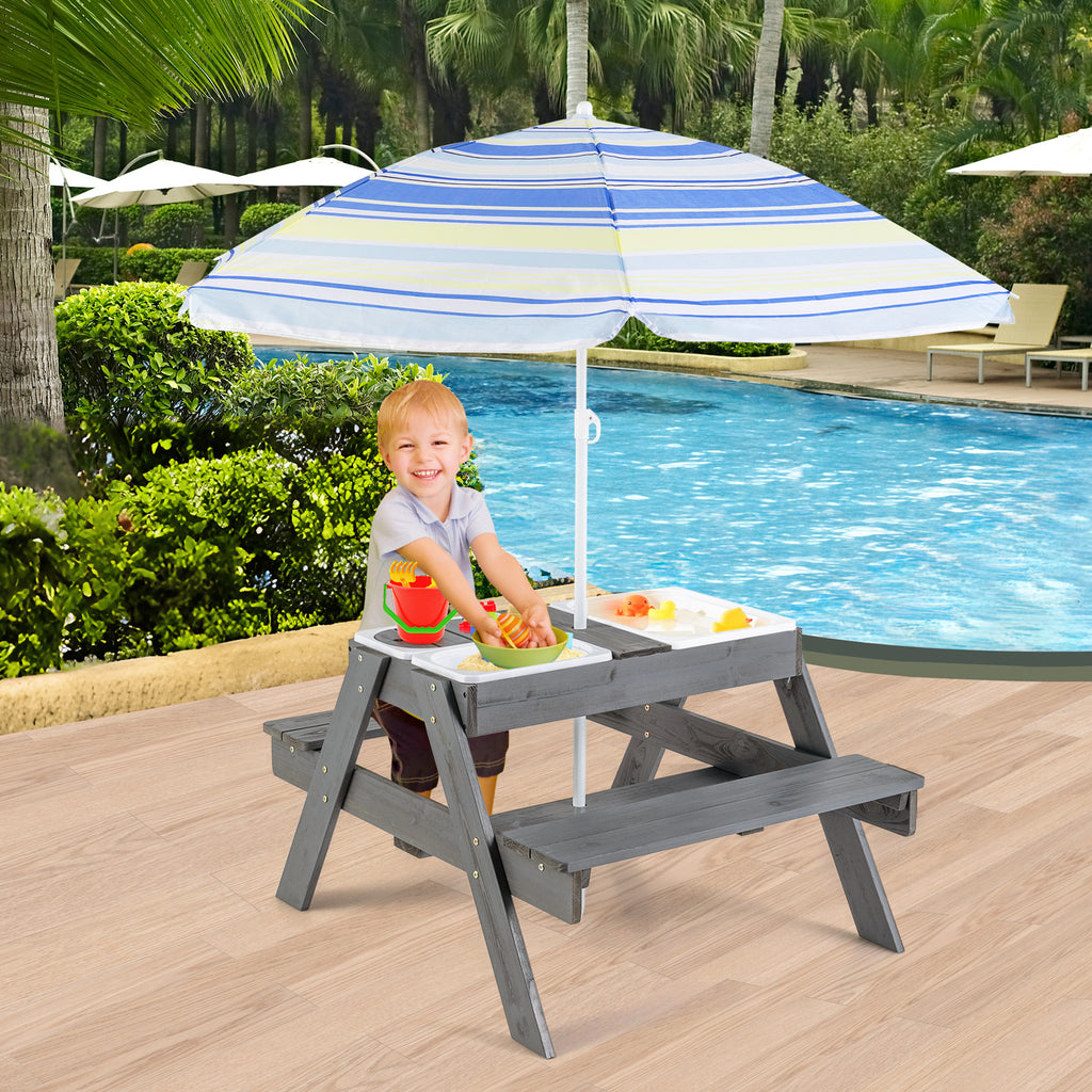 Kids Picnic Table Set with 3 Removable Bins and Gray Umbrella