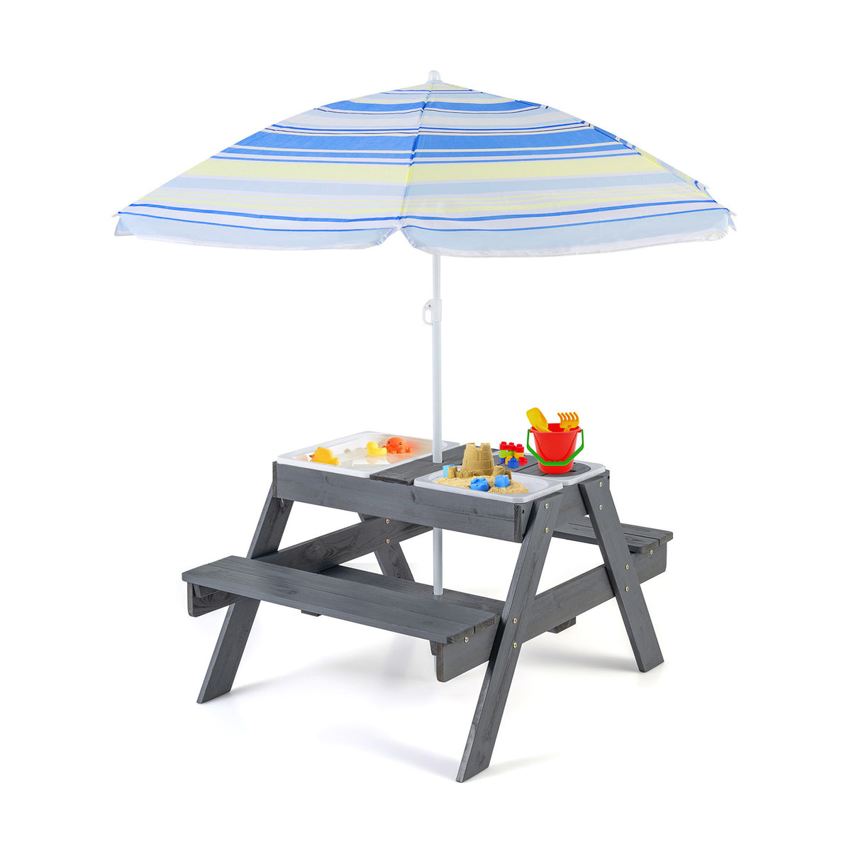 Kids Picnic Table Set with 3 Removable Bins and Gray Umbrella
