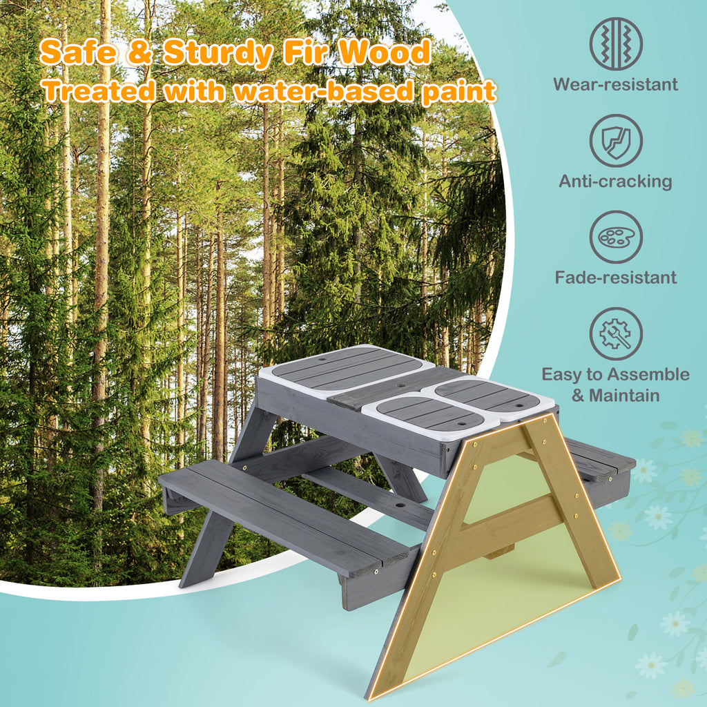 Kids Picnic Table Set with 3 Removable Bins and Gray Umbrella