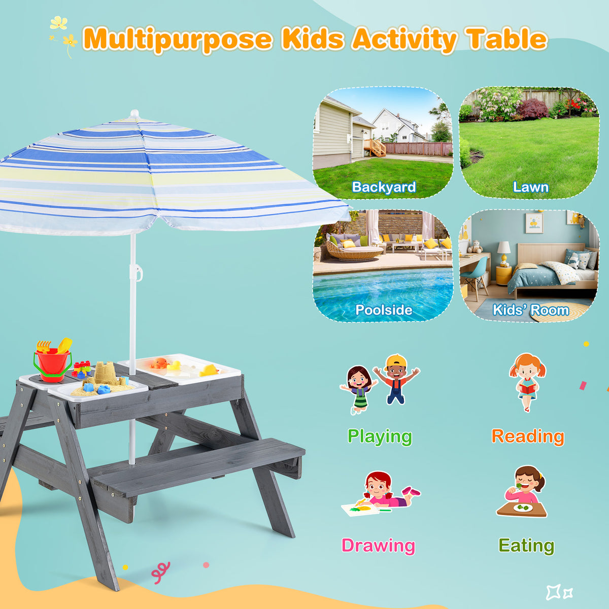 Kids Picnic Table Set with 3 Removable Bins and Gray Umbrella