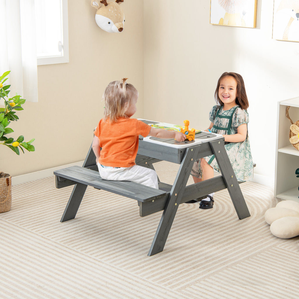 Kids Picnic Table Set with 3 Removable Bins and Gray Umbrella