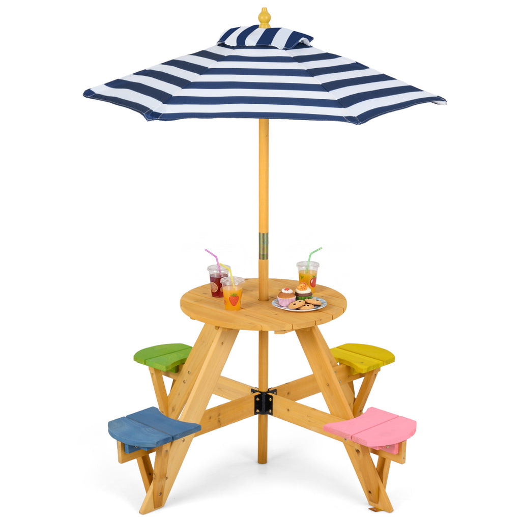 Kids Picnic Table Set with Stools & Foldable Adjustable Umbrella - Blue