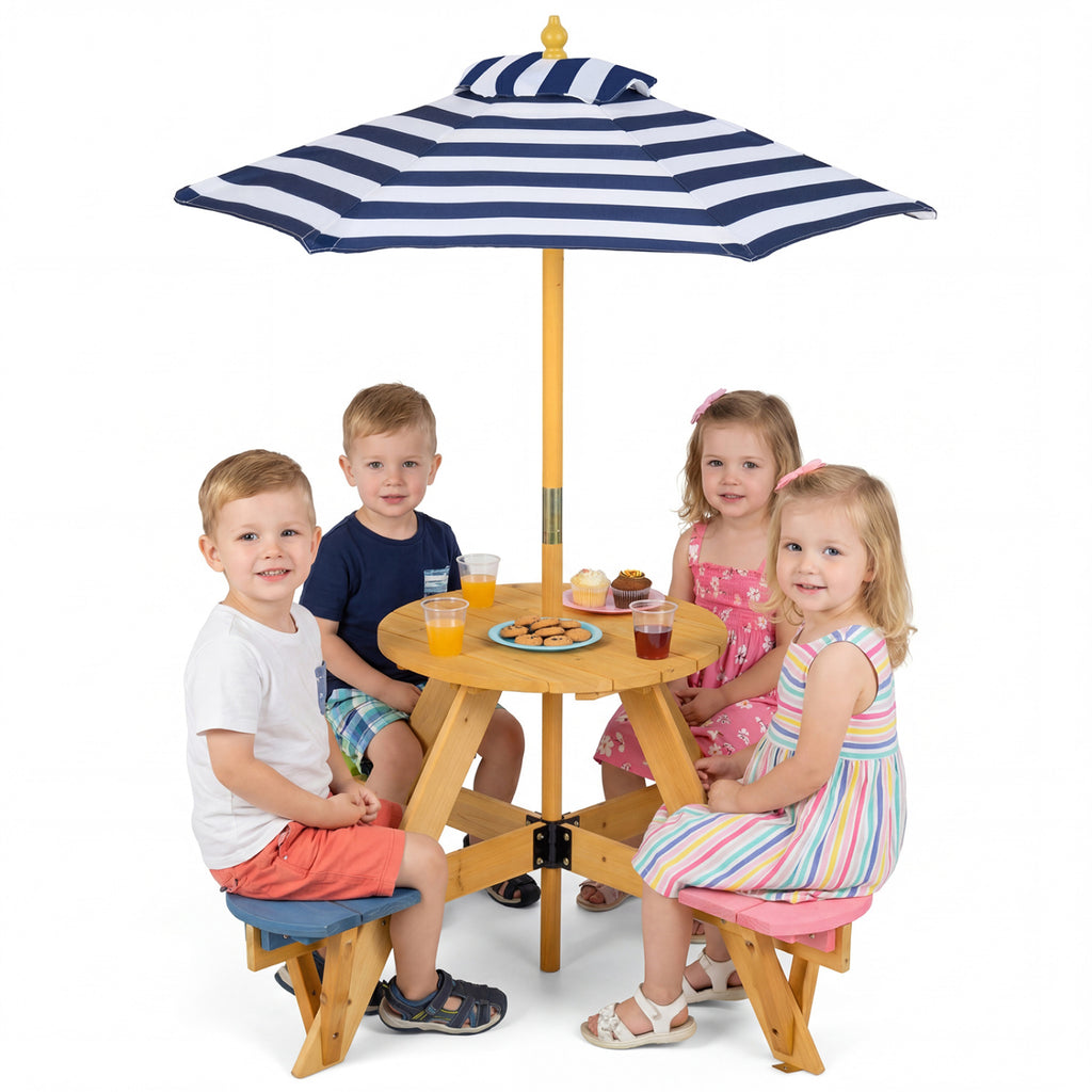 Kids Picnic Table Set with Stools & Foldable Adjustable Umbrella - Blue
