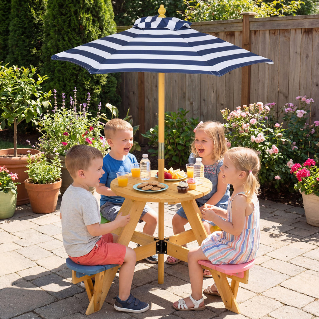 Kids Picnic Table Set with Stools & Foldable Adjustable Umbrella - Blue