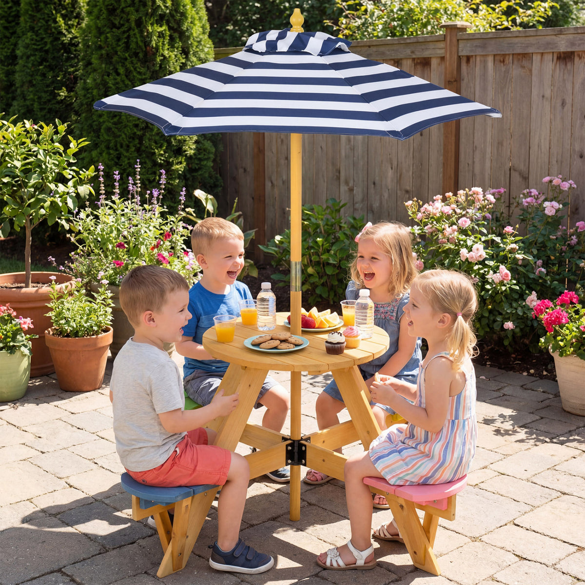 Kids Picnic Table Set with Stools & Foldable Adjustable Umbrella - Blue