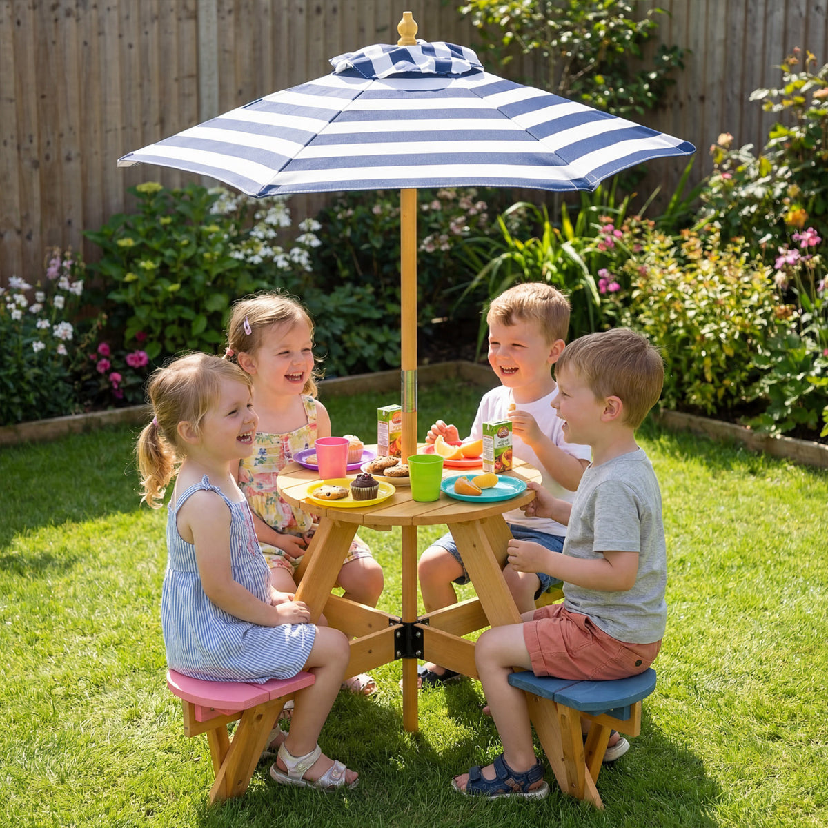 Kids Picnic Table Set with Stools & Foldable Adjustable Umbrella - Blue