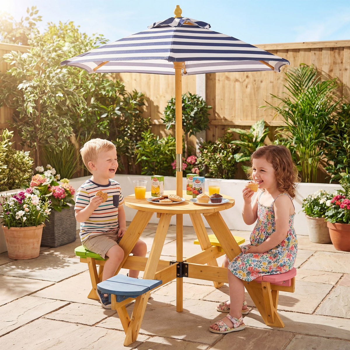 Kids Picnic Table Set with Stools & Foldable Adjustable Umbrella - Blue