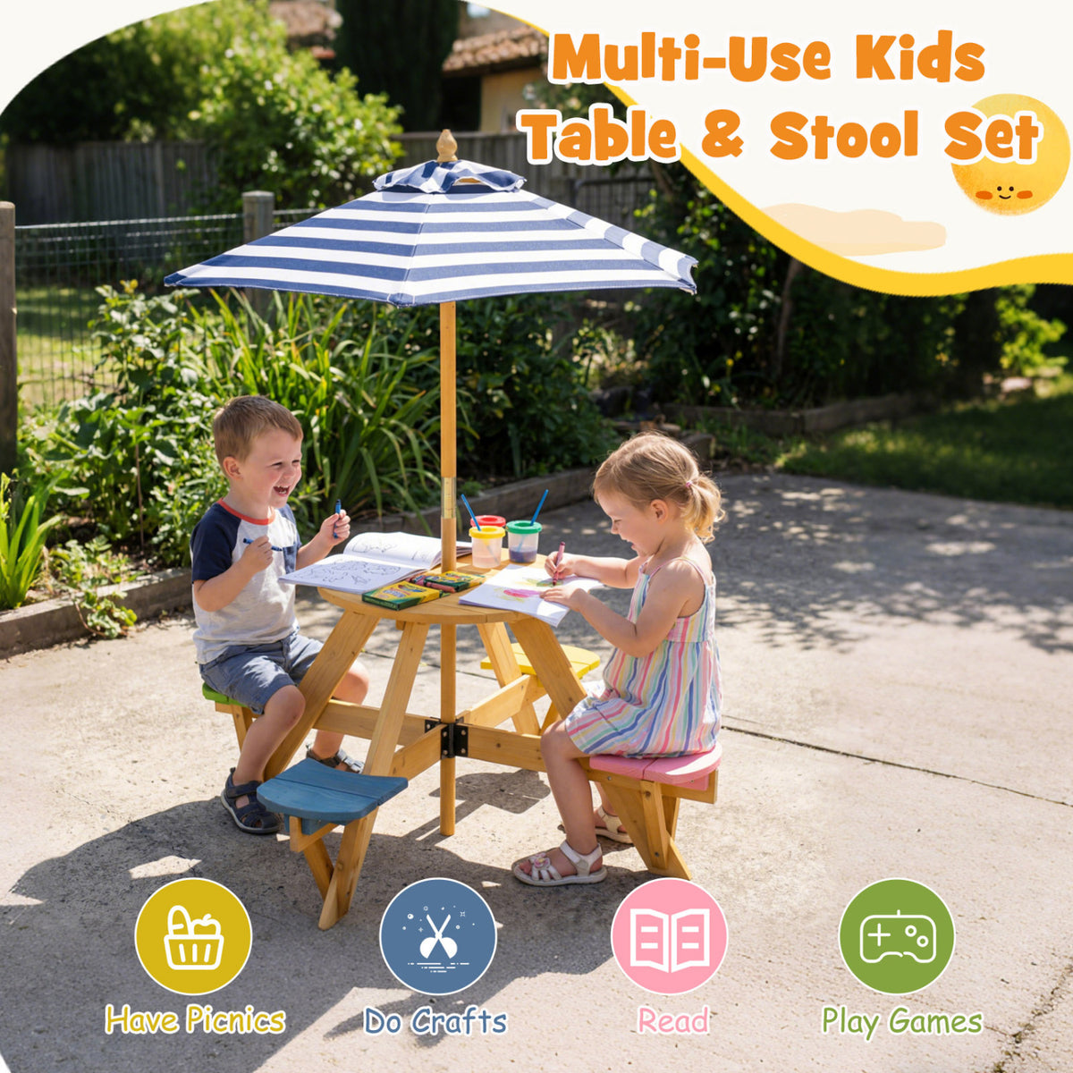 Kids Picnic Table Set with Stools & Foldable Adjustable Umbrella - Blue