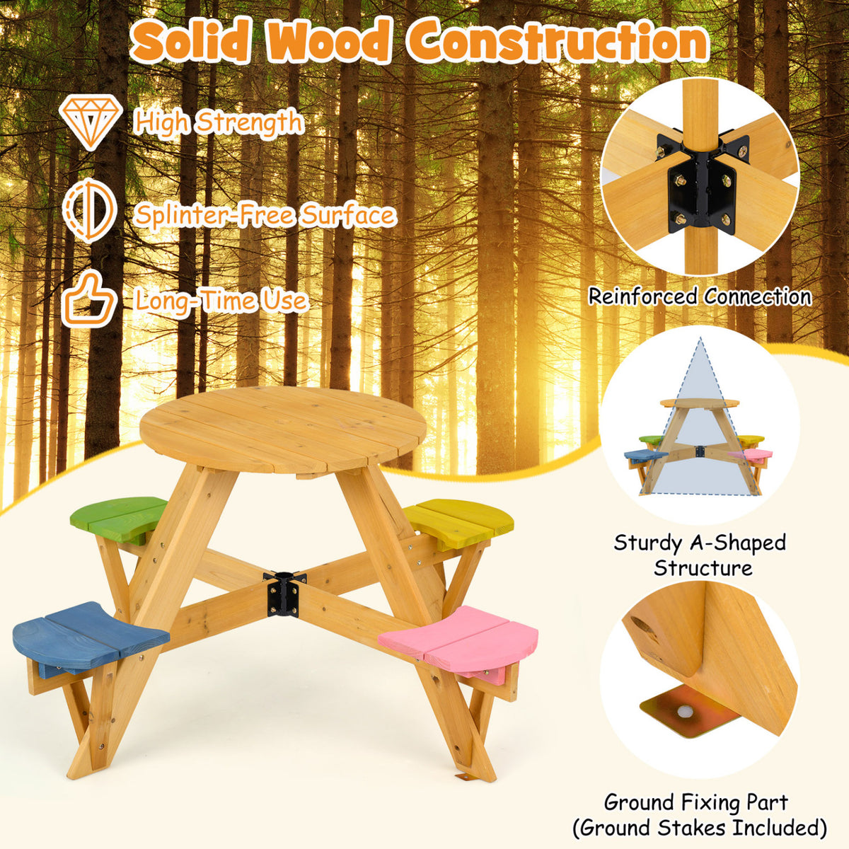Kids Picnic Table Set with Stools & Foldable Adjustable Umbrella - Blue