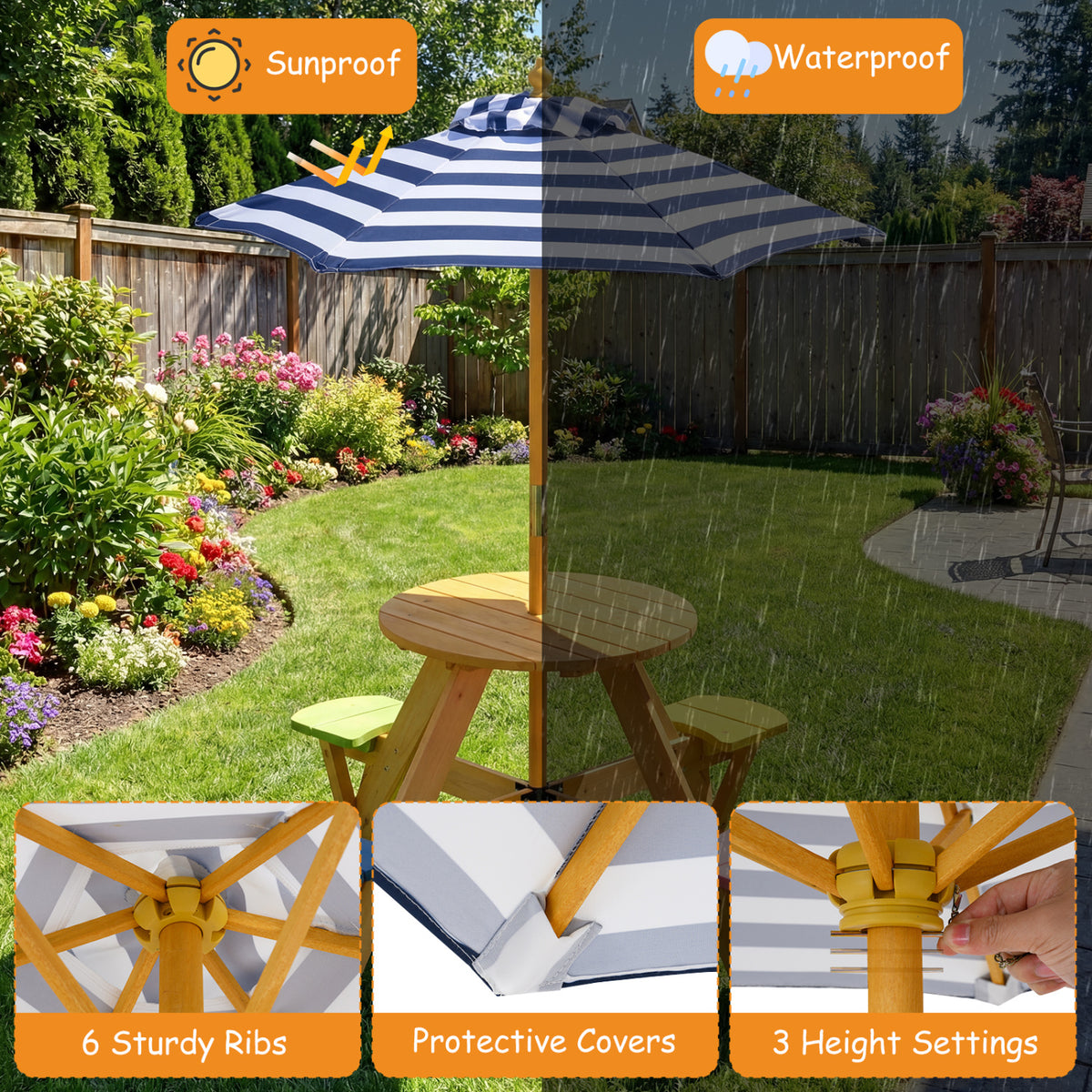 Kids Picnic Table Set with Stools & Foldable Adjustable Umbrella - Blue