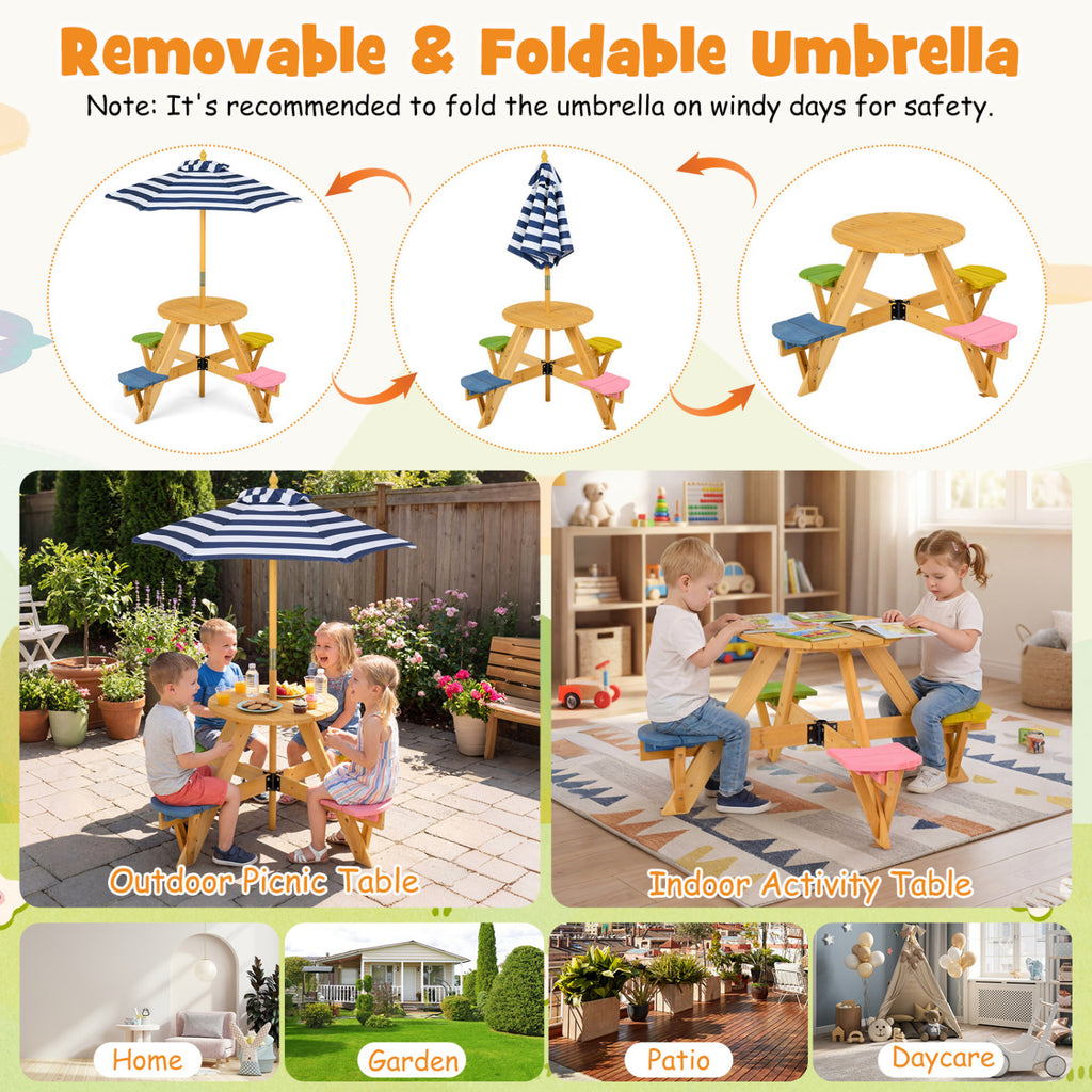 Kids Picnic Table Set with Stools & Foldable Adjustable Umbrella - Blue