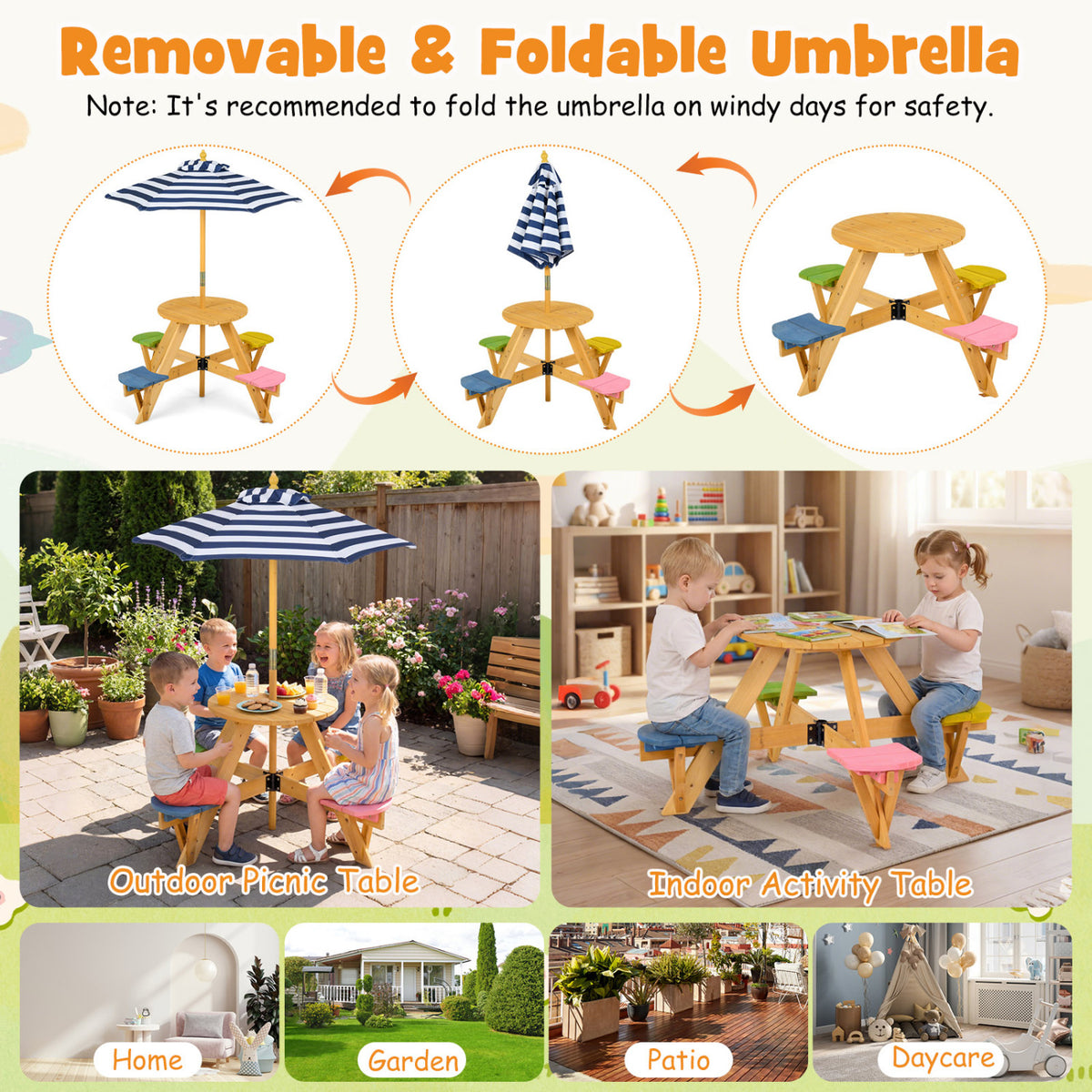Kids Picnic Table Set with Stools & Foldable Adjustable Umbrella - Blue