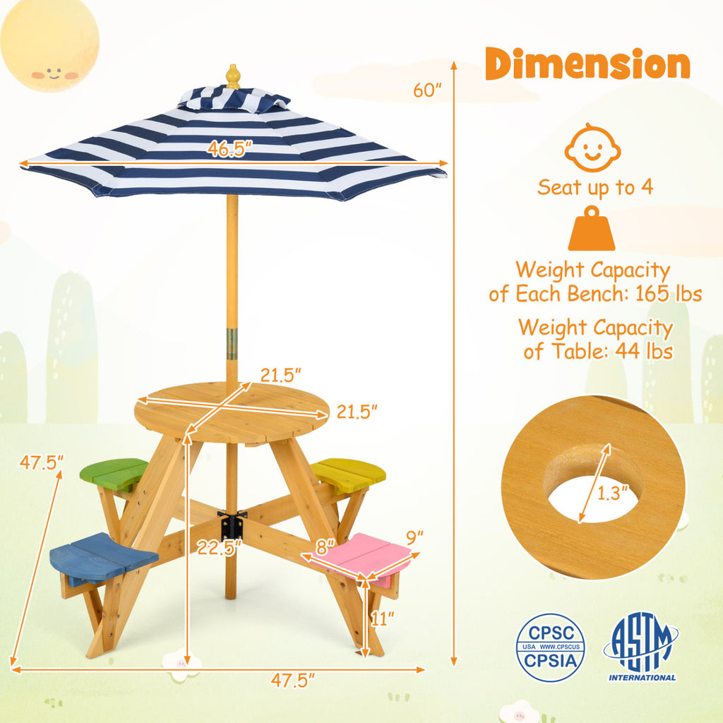 Kids Picnic Table Set with Stools & Foldable Adjustable Umbrella - Blue