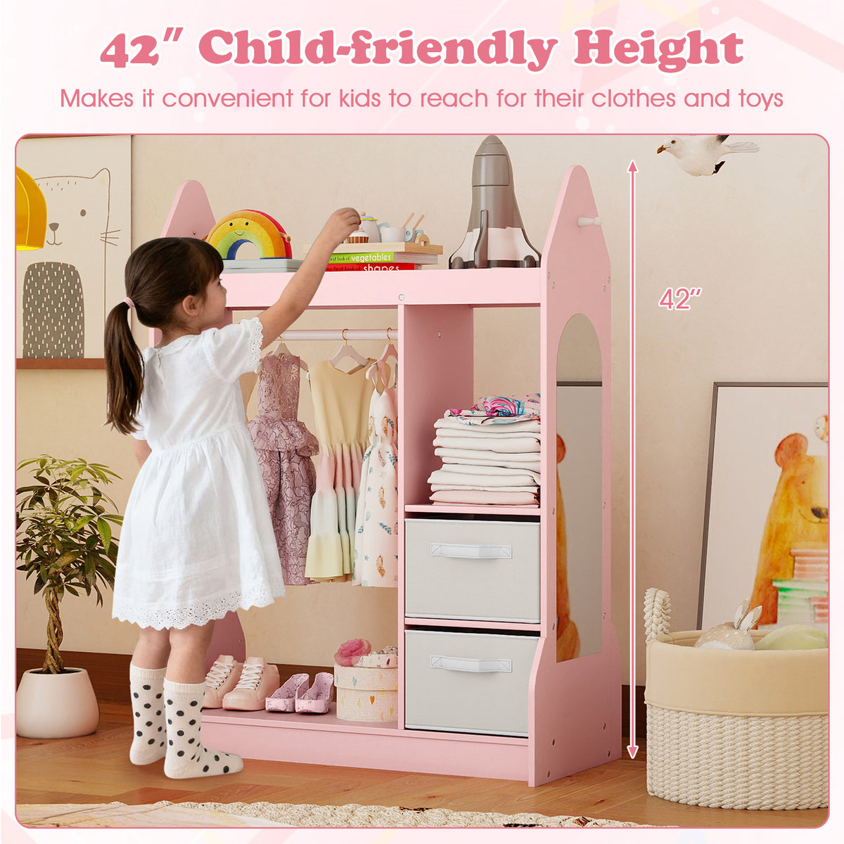 Kids Play Armoire Dresser with Cloth Hanger - Pink Variation