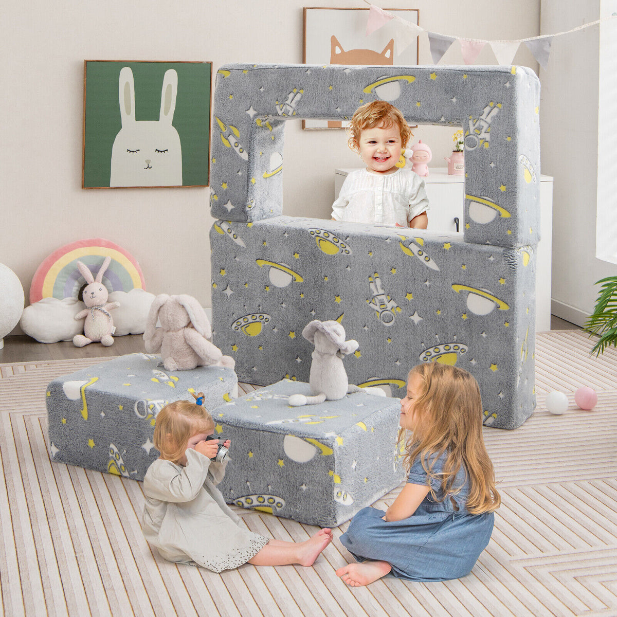 Kids Play Sofa with Ottoman & Removable Washable Cover - Gray, with Pocket