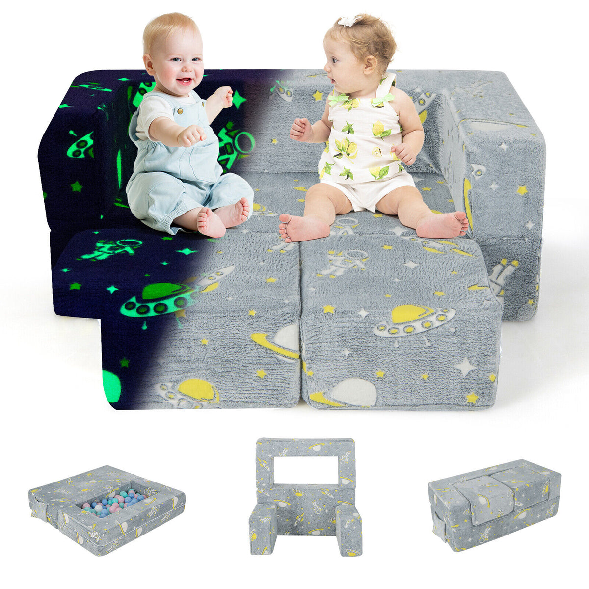 Kids Play Sofa with Ottoman & Removable Washable Cover - Gray, with Pocket