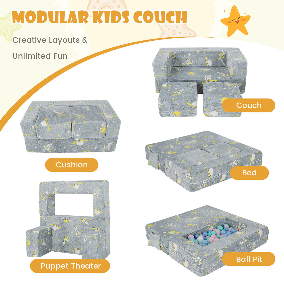 Kids Play Sofa with Ottoman & Removable Washable Cover - Gray, with Pocket