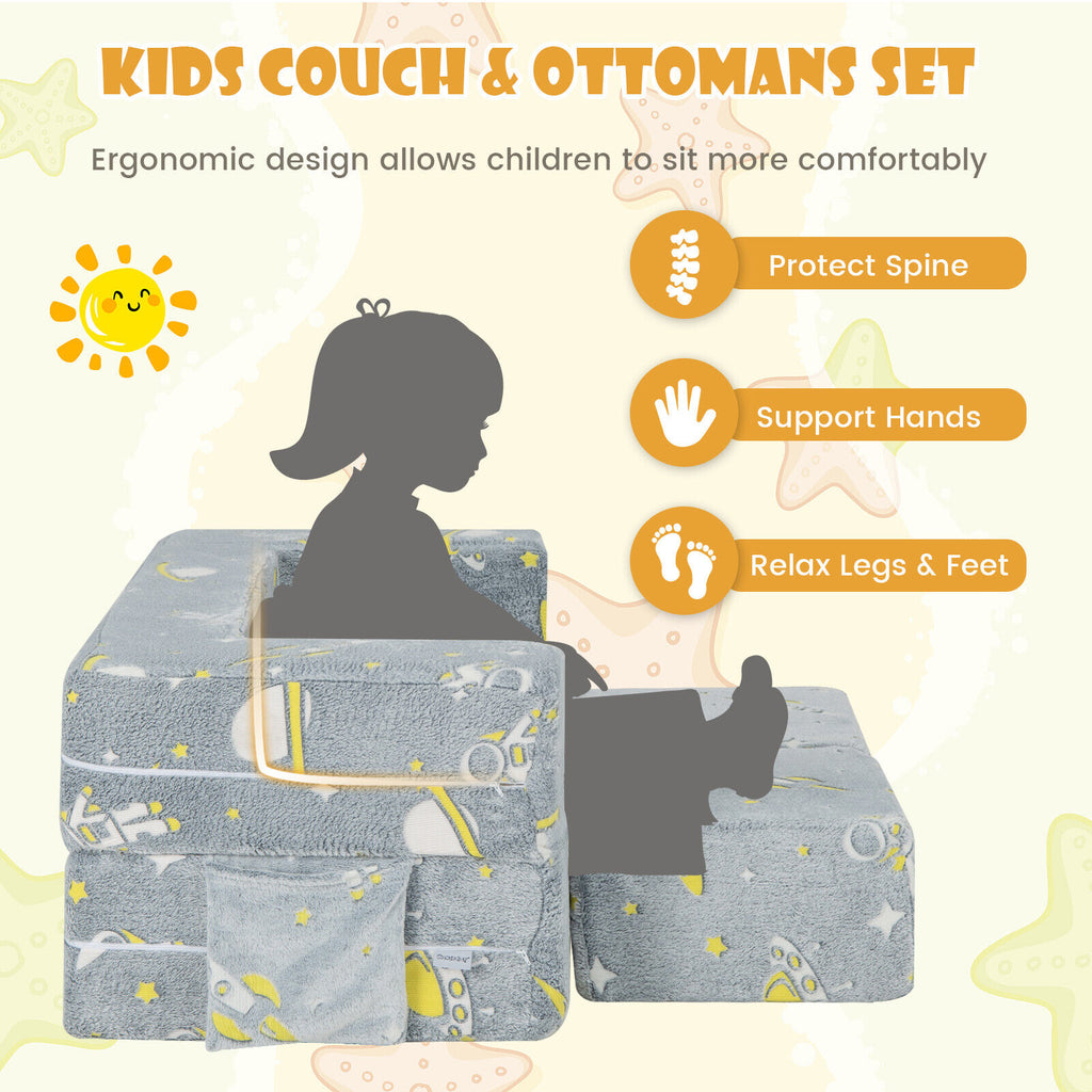Kids Play Sofa with Ottoman & Removable Washable Cover - Gray, with Pocket