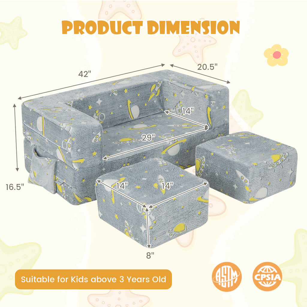 Kids Play Sofa with Ottoman & Removable Washable Cover - Gray, with Pocket