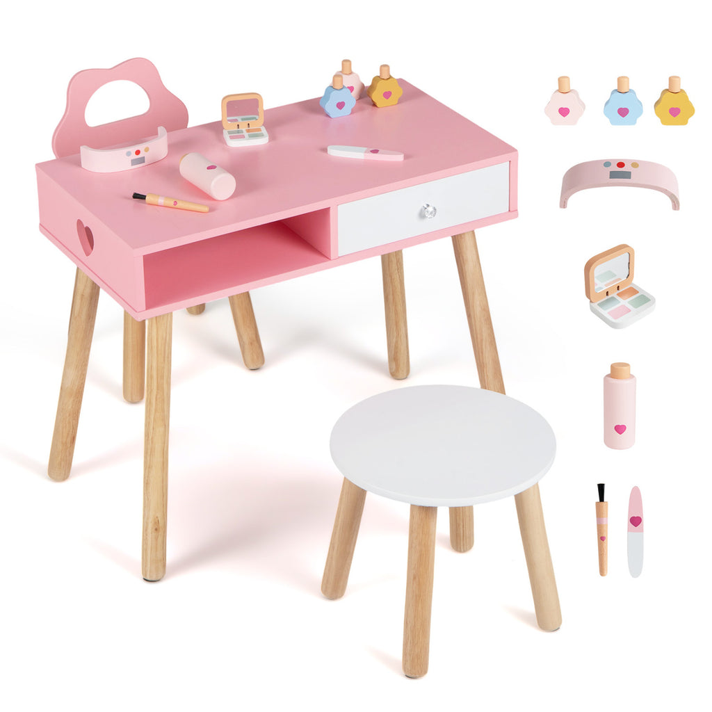 Kids Pretend Nail Salon Playset with Chair and Stool - Pink with Pine Wood Legs