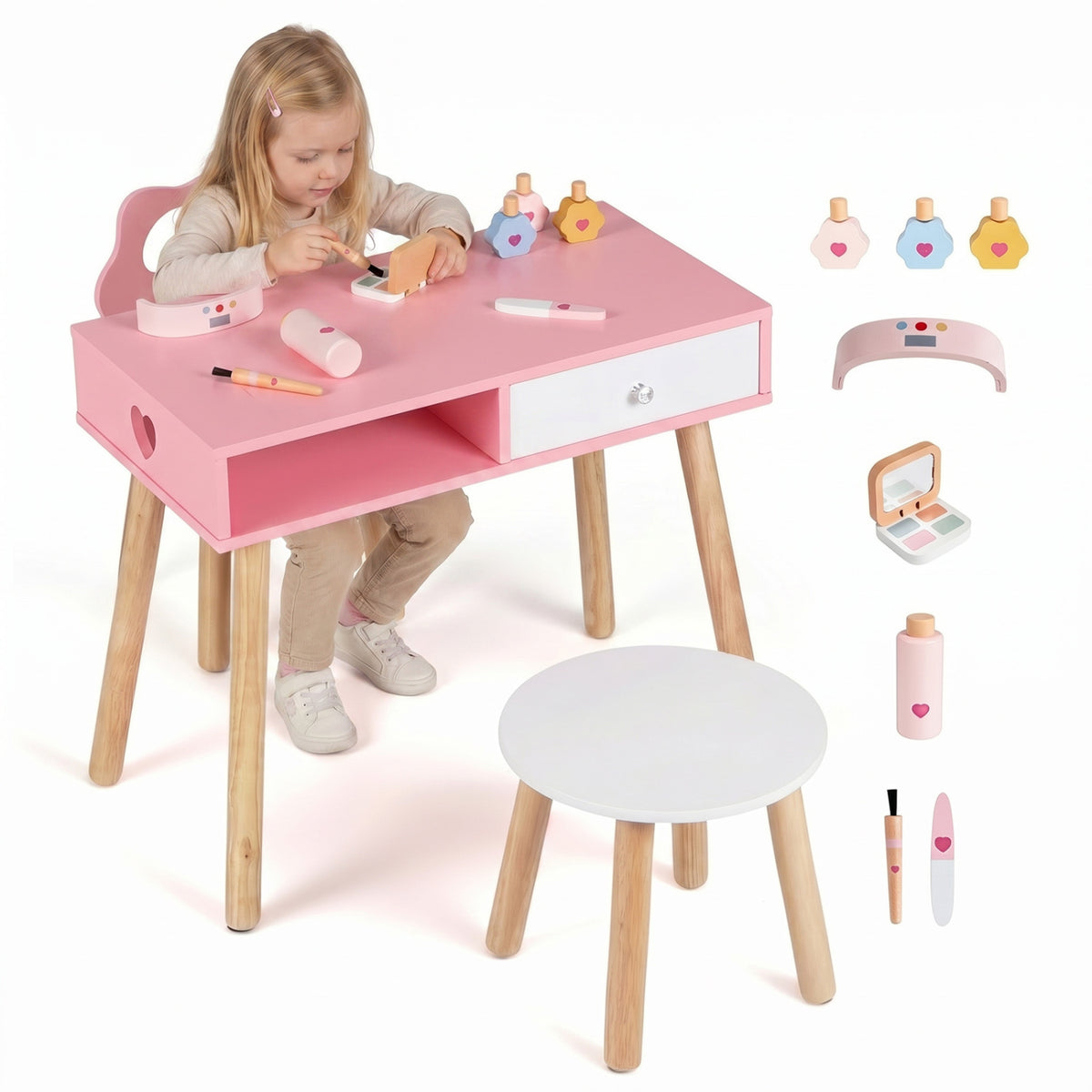 Kids Pretend Nail Salon Playset with Chair and Stool - Pink with Pine Wood Legs