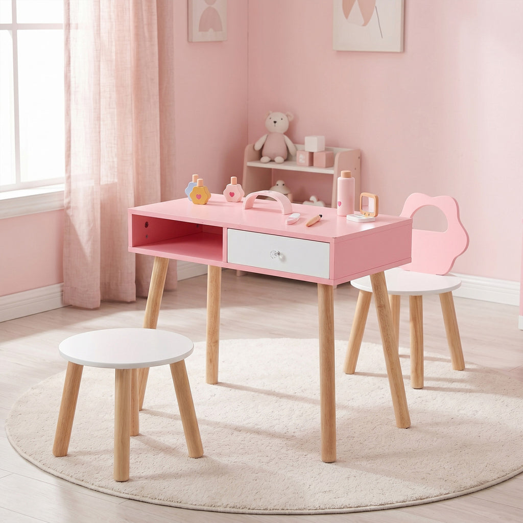 Kids Pretend Nail Salon Playset with Chair and Stool - Pink with Pine Wood Legs