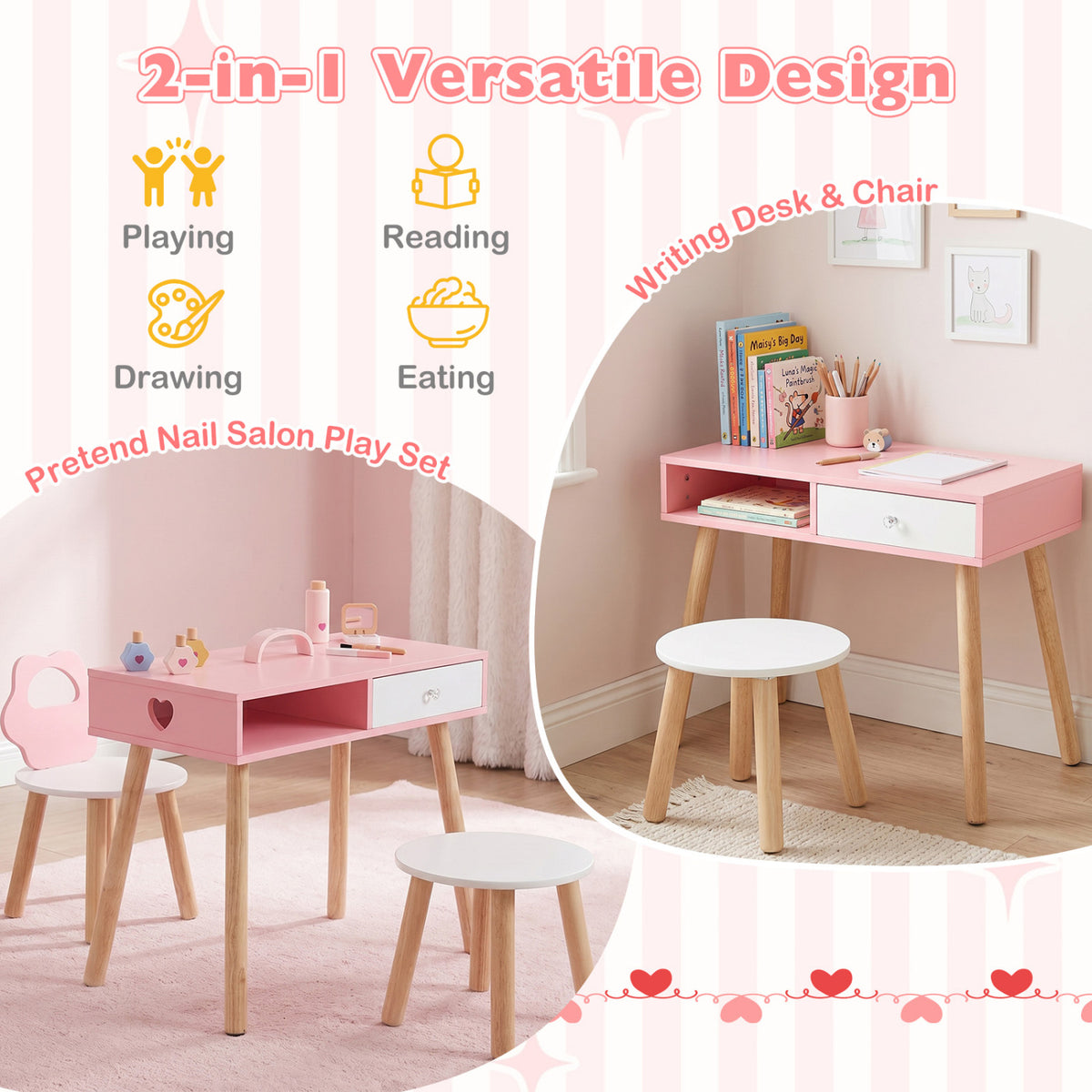 Kids Pretend Nail Salon Playset with Chair and Stool - Pink with Pine Wood Legs