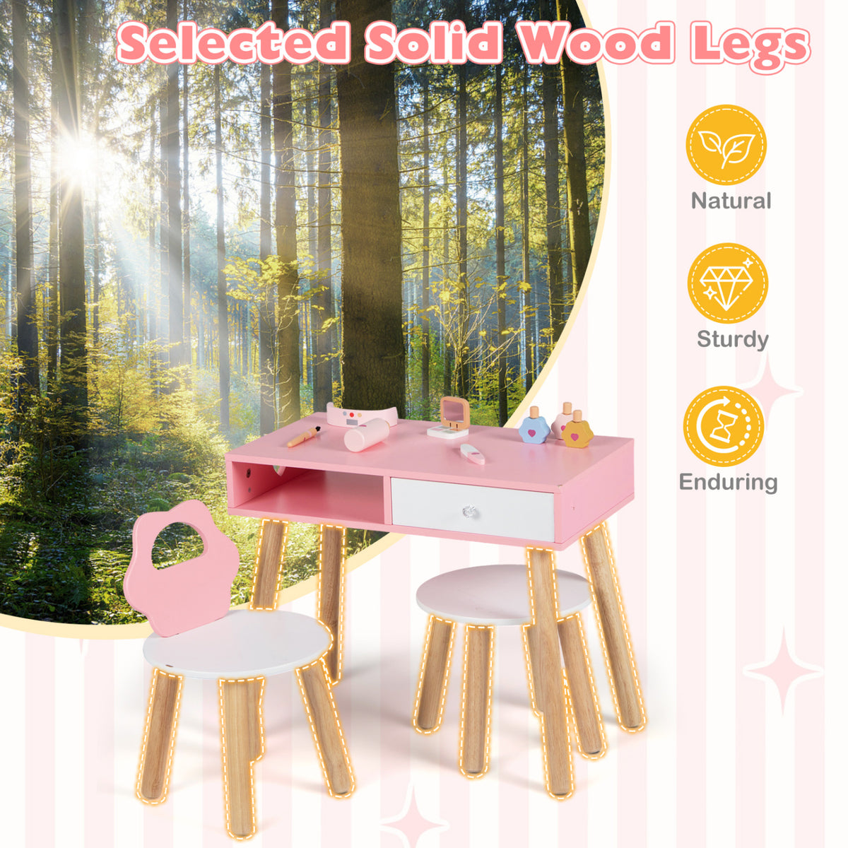 Kids Pretend Nail Salon Playset with Chair and Stool - Pink with Pine Wood Legs