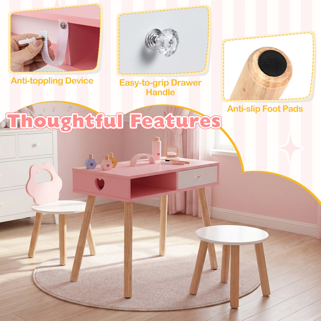Kids Pretend Nail Salon Playset with Chair and Stool - Pink with Pine Wood Legs