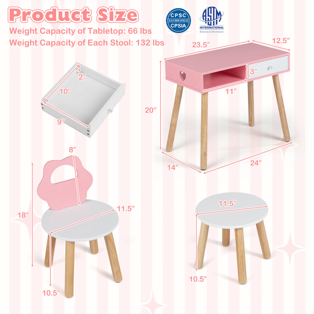 Kids Pretend Nail Salon Playset with Chair and Stool - Pink with Pine Wood Legs