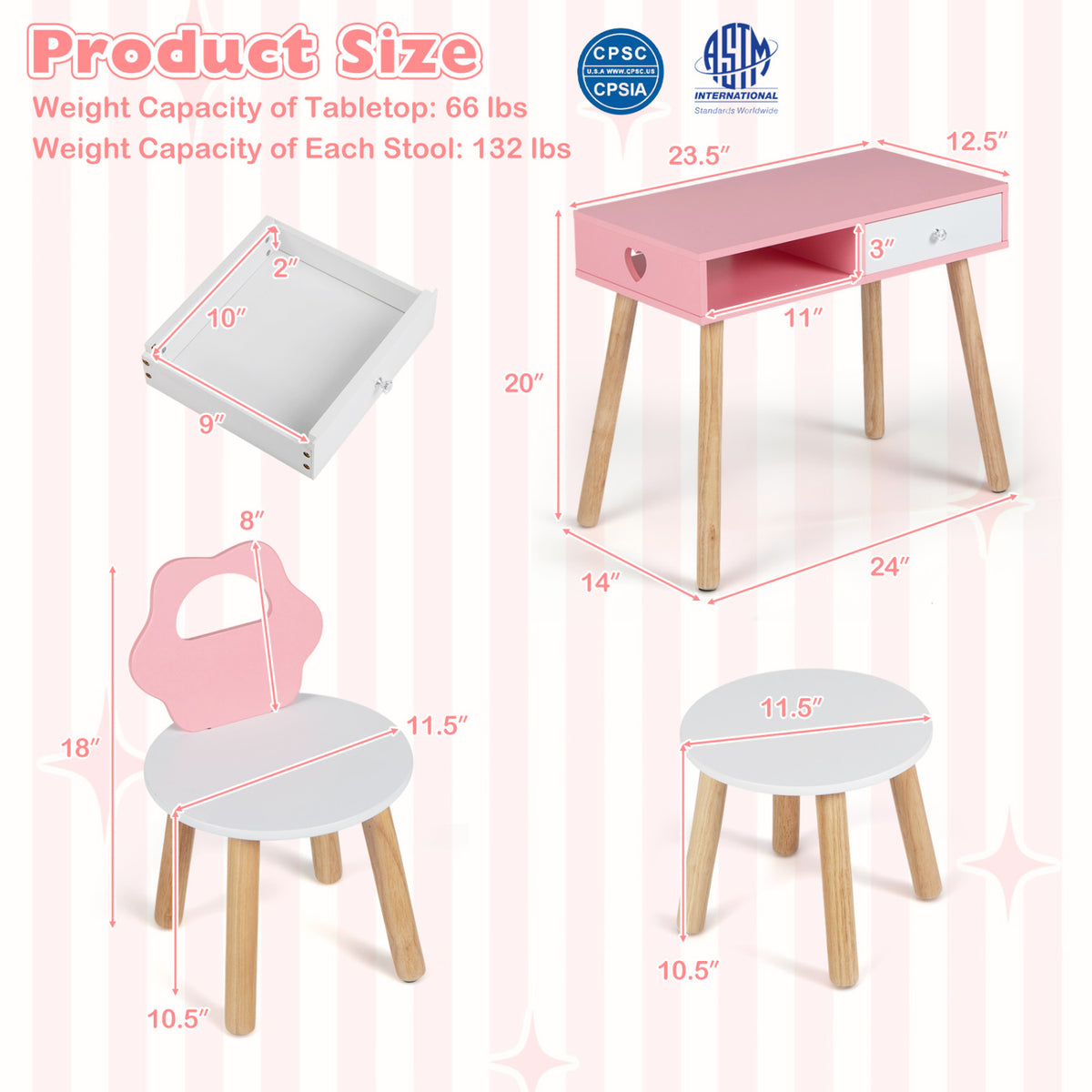 Kids Pretend Nail Salon Playset with Chair and Stool - Pink with Pine Wood Legs