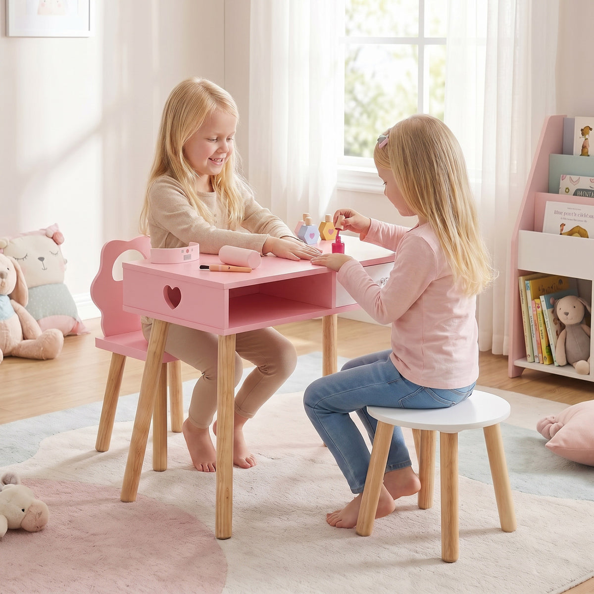 Kids Pretend Nail Salon Playset with Chair and Stool - Pink with Pine Wood Legs