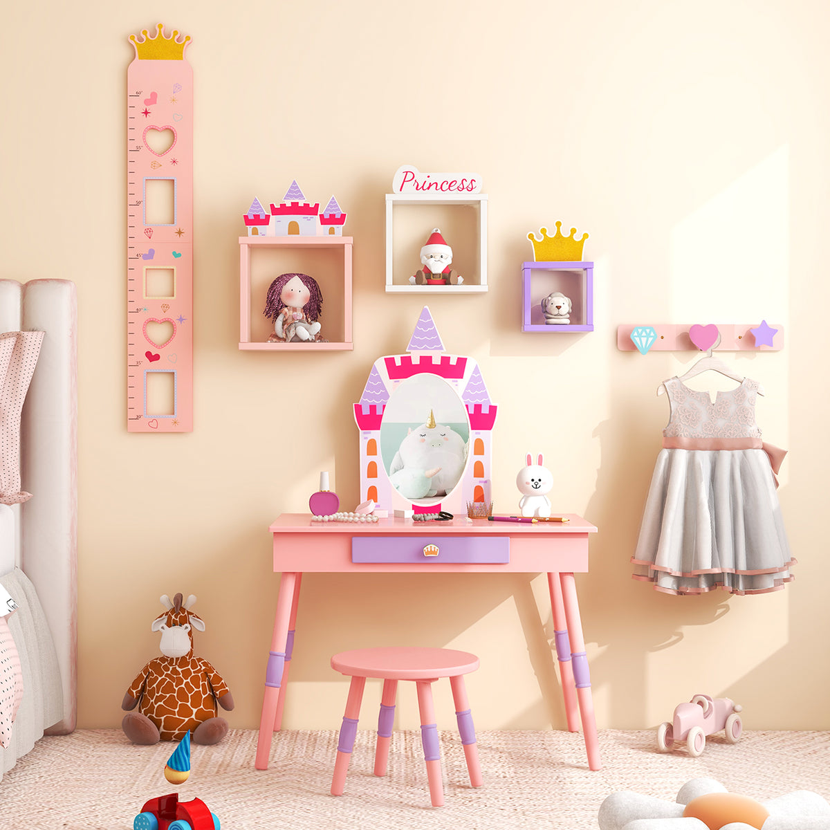 Kids Princess Vanity Table and Stool Set with Mirror and Drawer - Pink, Includes Accessories