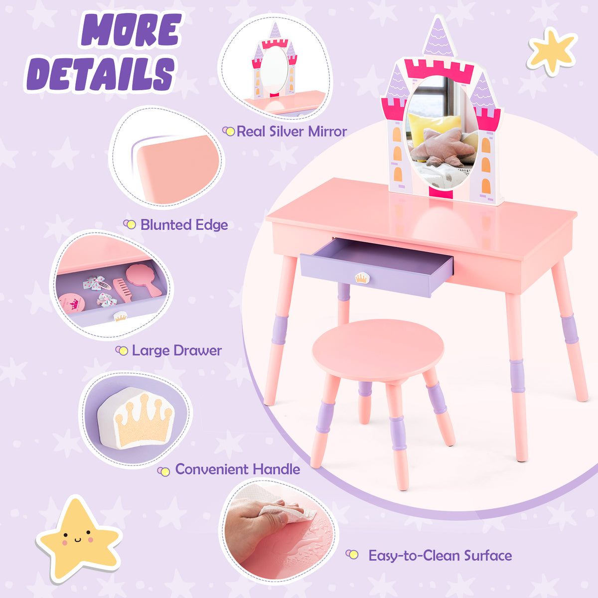 Kids Princess Vanity Table and Stool Set with Mirror and Drawer - Pink, Includes Accessories