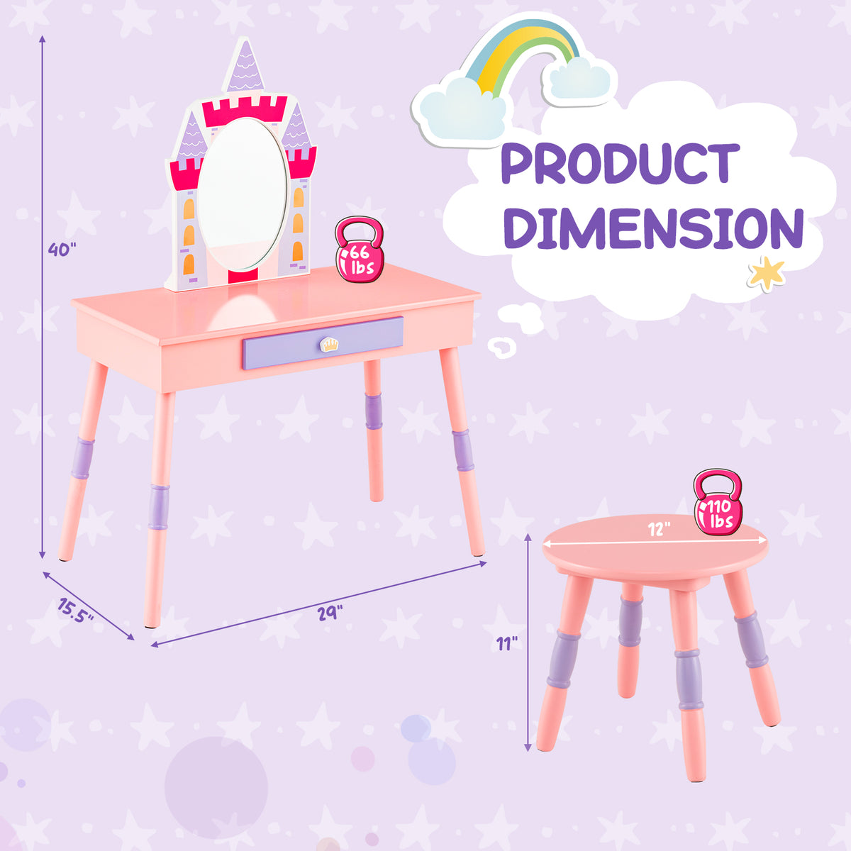 Kids Princess Vanity Table and Stool Set with Mirror and Drawer - Pink, Includes Accessories