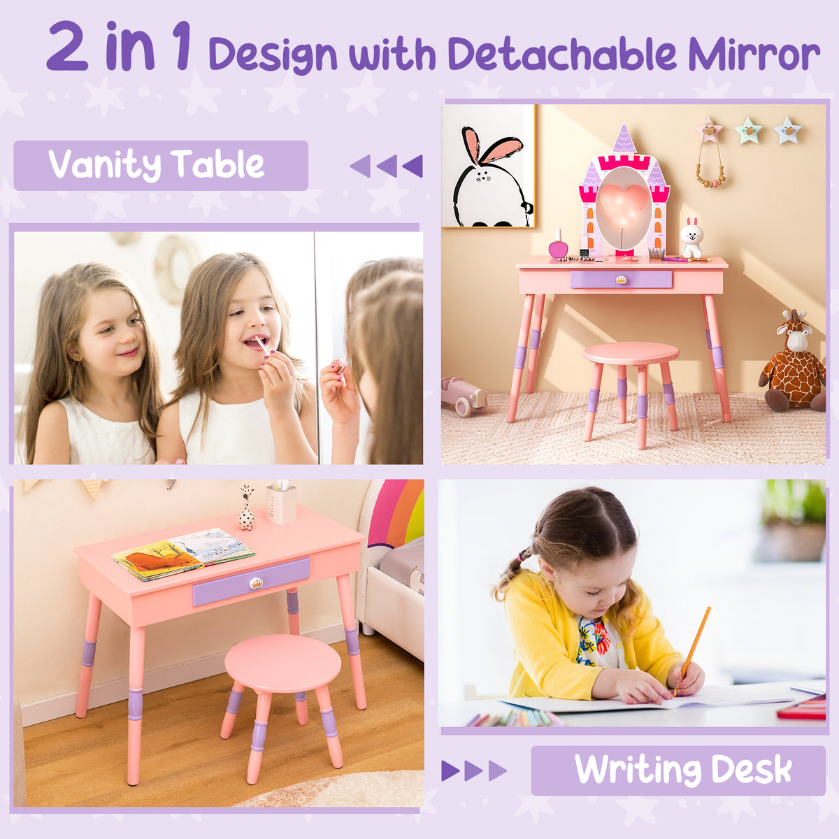 Kids Princess Vanity Table and Stool Set with Mirror and Drawer - Pink, Includes Accessories