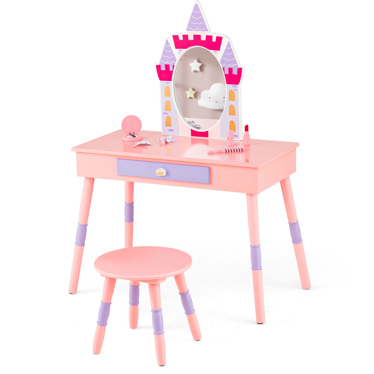 Kids Princess Vanity Table and Stool Set with Mirror and Drawer - Pink, Includes Accessories