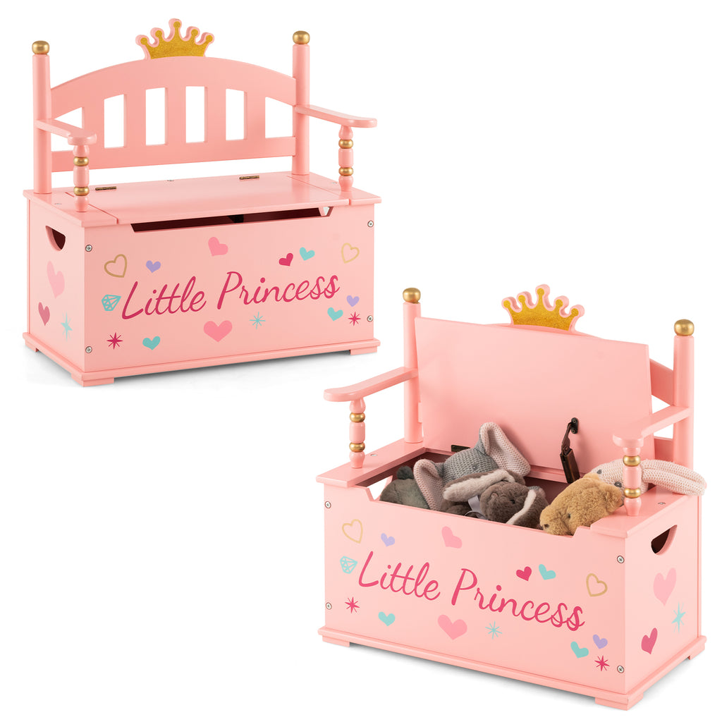 Kids Princess Wooden Toy Box with Safe Hinged Lid - Pink Variation
