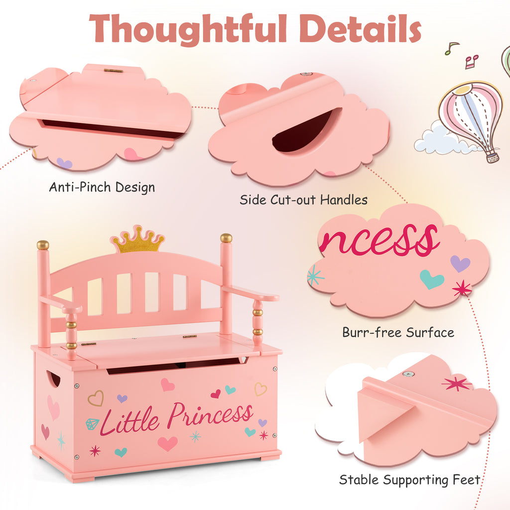 Kids Princess Wooden Toy Box with Safe Hinged Lid - Pink Variation