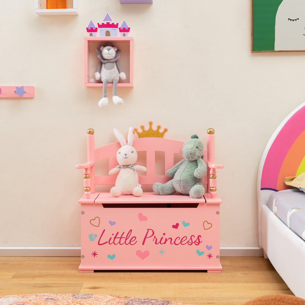 Kids Princess Wooden Toy Box with Safe Hinged Lid - Pink Variation
