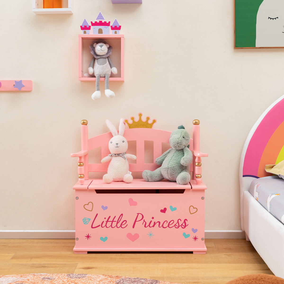 Kids Princess Wooden Toy Box with Safe Hinged Lid - Pink Variation