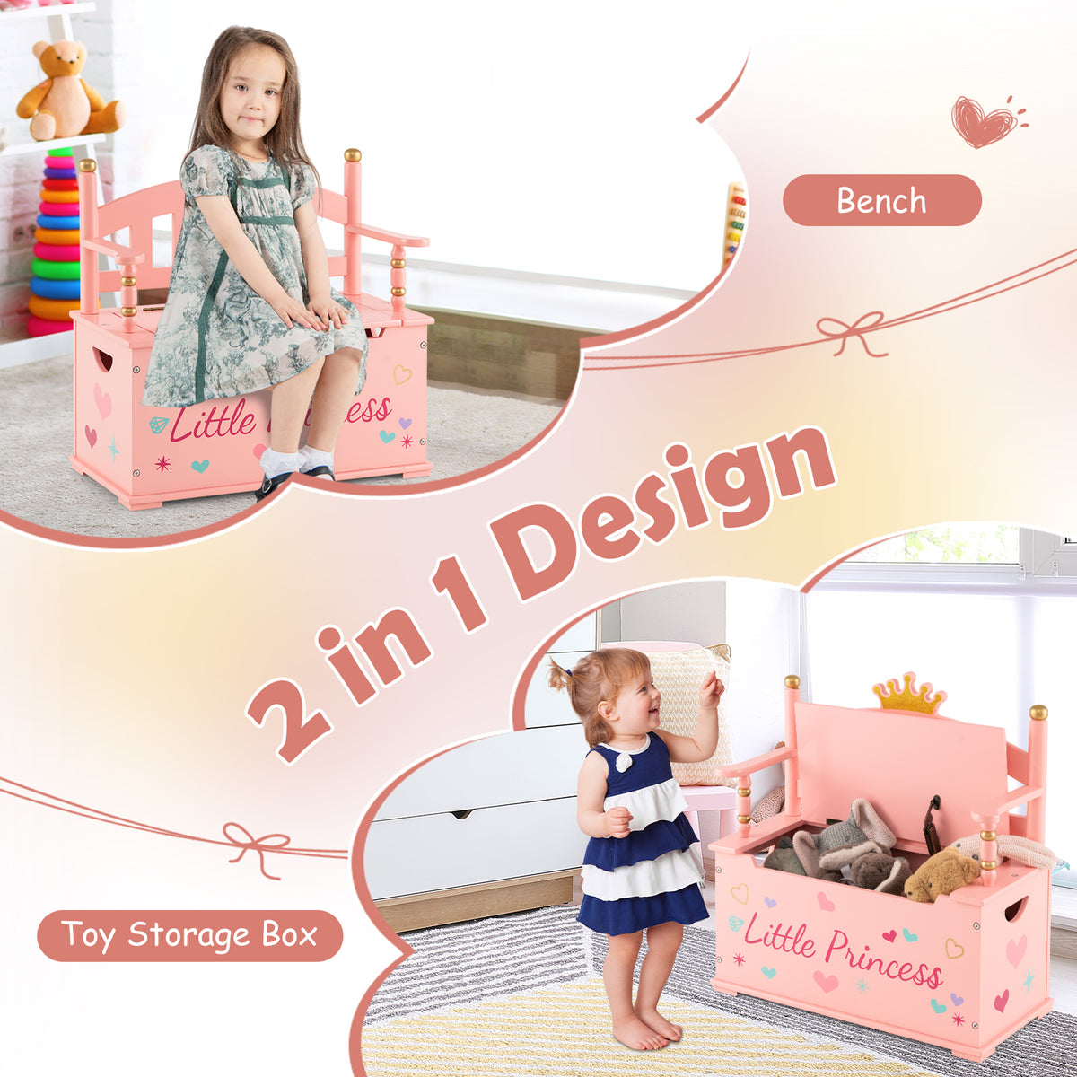 Kids Princess Wooden Toy Box with Safe Hinged Lid - Pink Variation