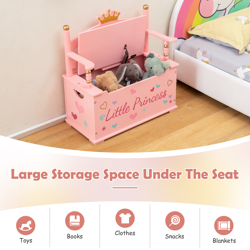 Kids Princess Wooden Toy Box with Safe Hinged Lid - Pink Variation