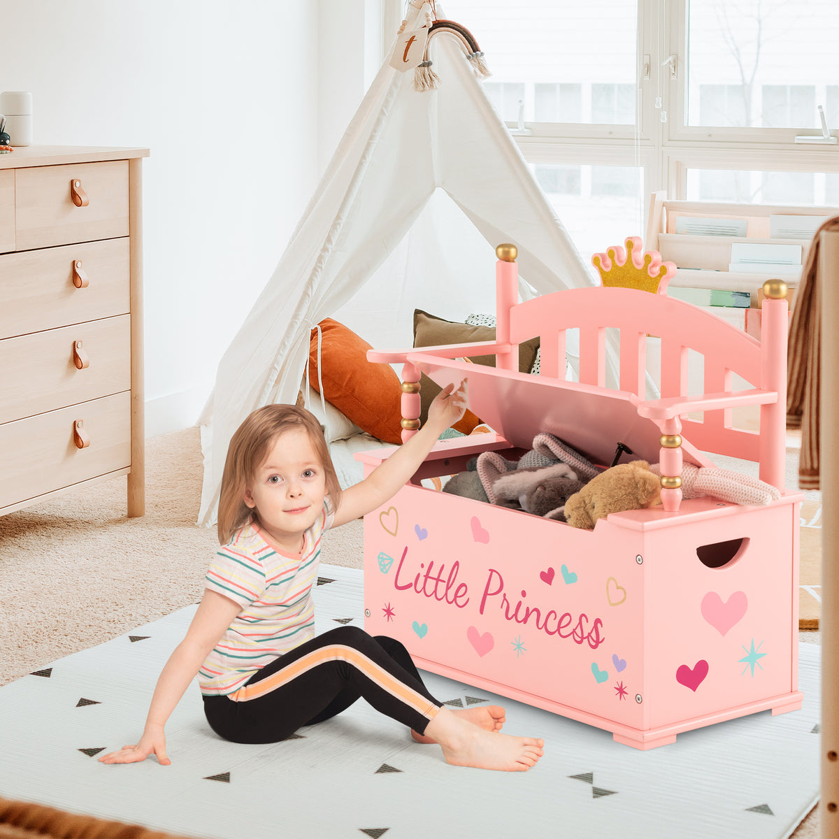 Kids Princess Wooden Toy Box with Safe Hinged Lid - Pink Variation