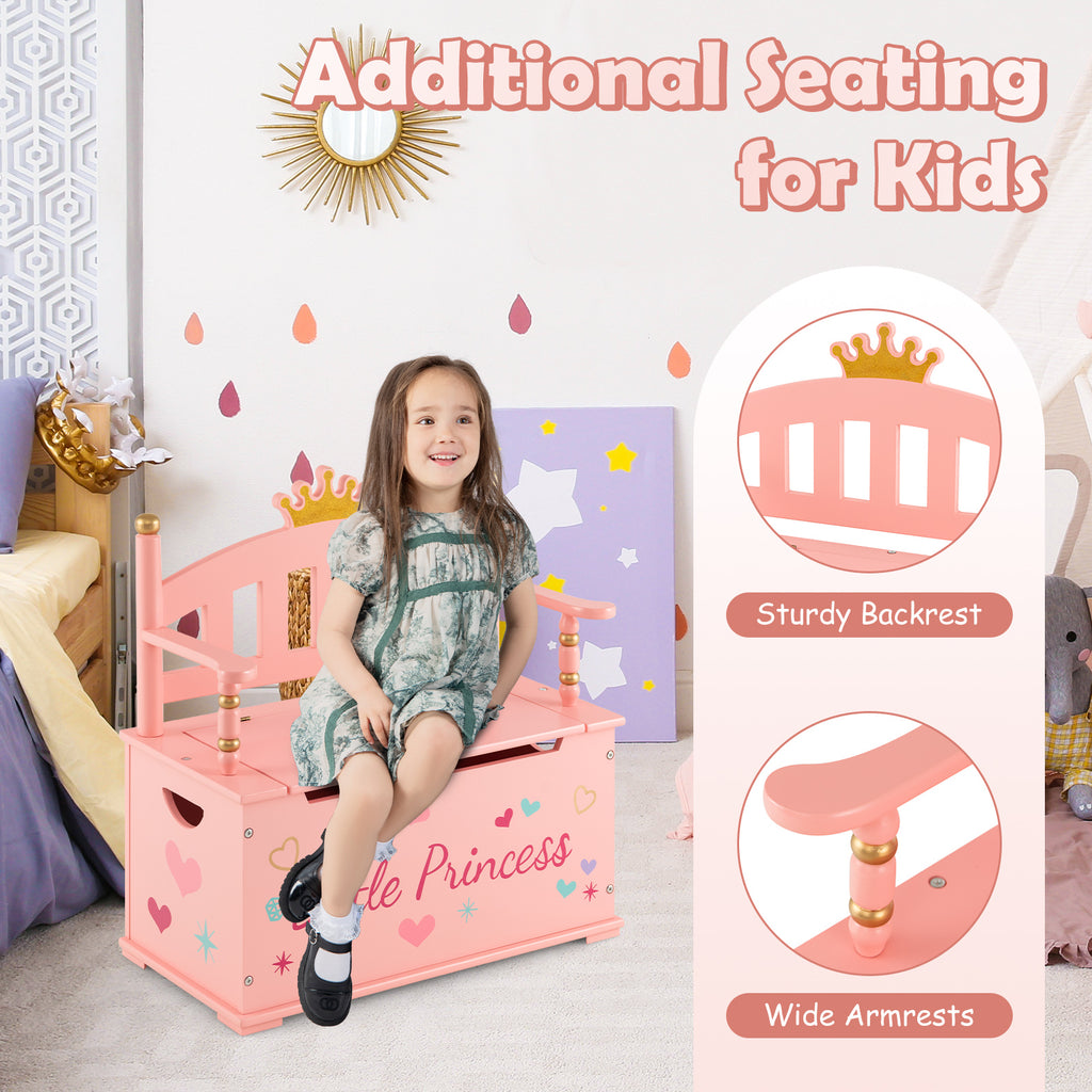 Kids Princess Wooden Toy Box with Safe Hinged Lid - Pink Variation