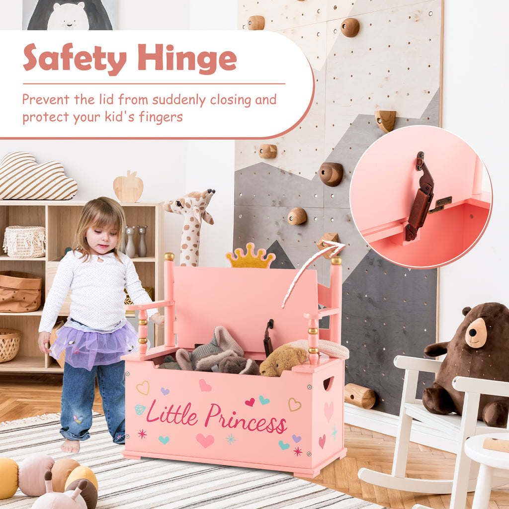 Kids Princess Wooden Toy Box with Safe Hinged Lid - Pink Variation